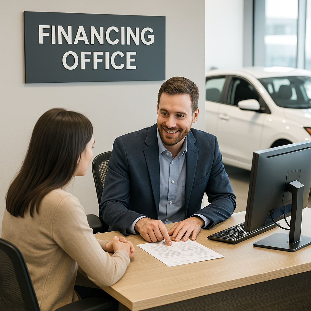 A car dealership financing office with a salesman in a suit discussing loan options with a female customer. The office has modern furnishings, a large 'FINANCING OFFICE' sign, and a glass window revealing the showroom floor with a white car in the background