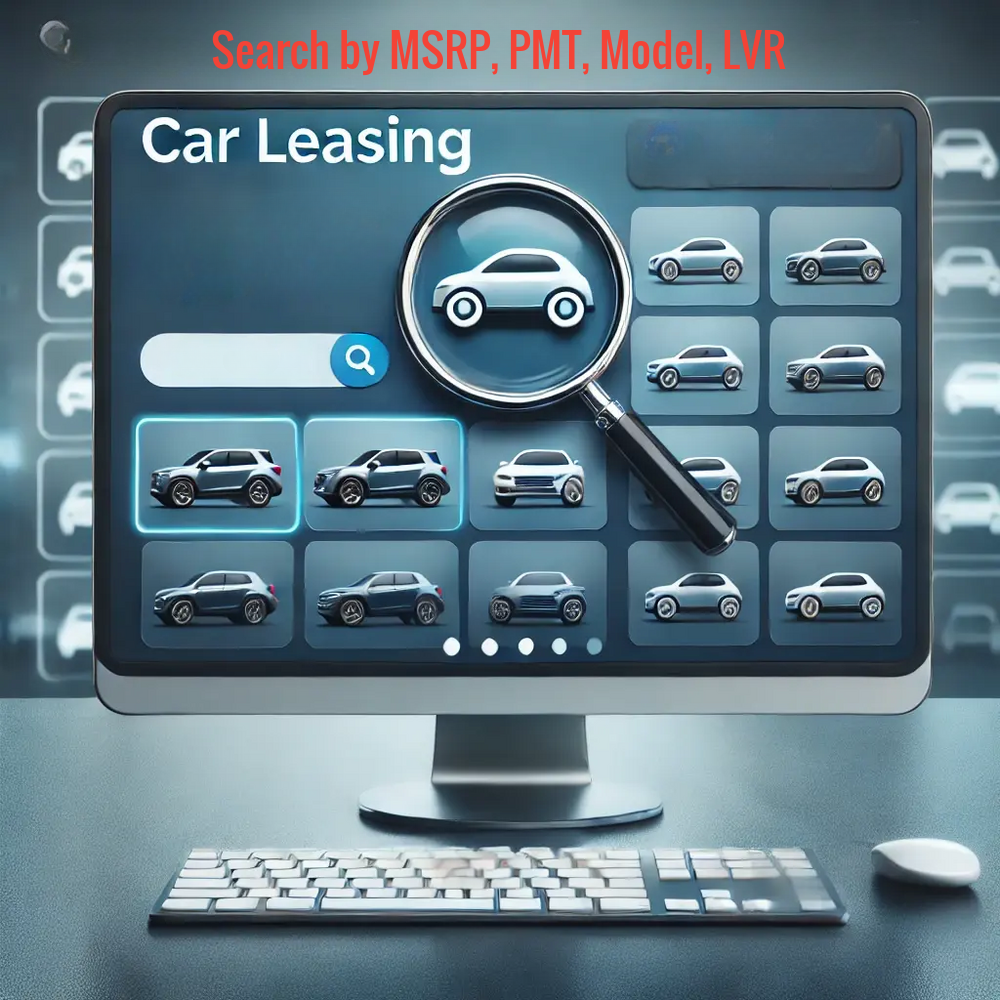 User-friendly car leasing search interface with a search bar, car icons, and lease deal options on a sleek digital screen.