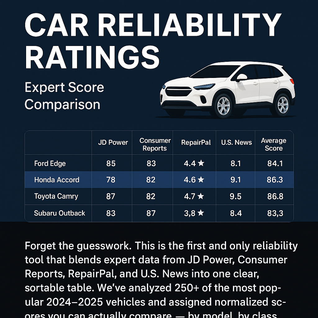 Professional digital graphic promoting car reliability ratings from JD Power, Consumer Reports, RepairPal, and U.S. News, featuring 2024โ2025 vehicles and expert score comparisons.