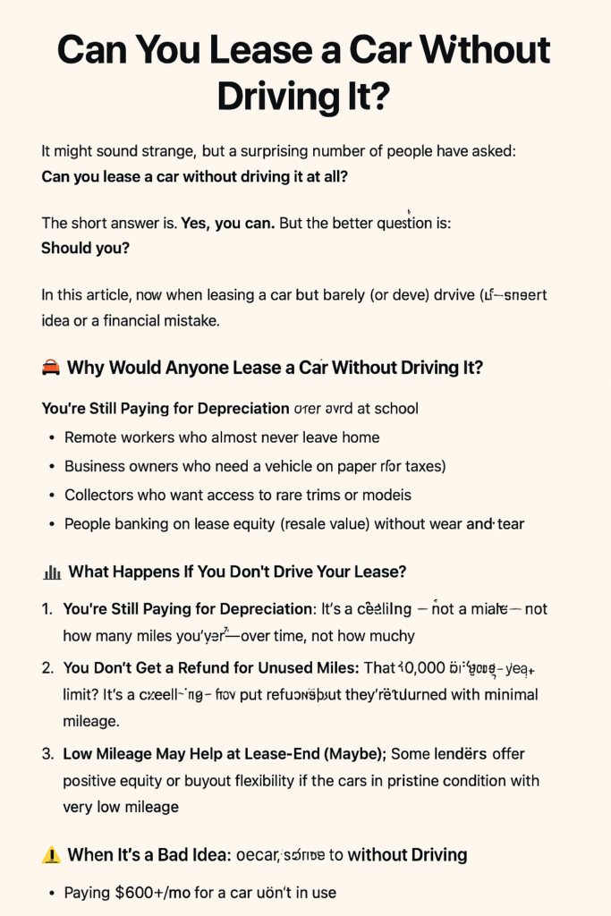 Informative blog graphic asking “Can you lease a car without driving it?” with icons and text summarizing key lease insights.
