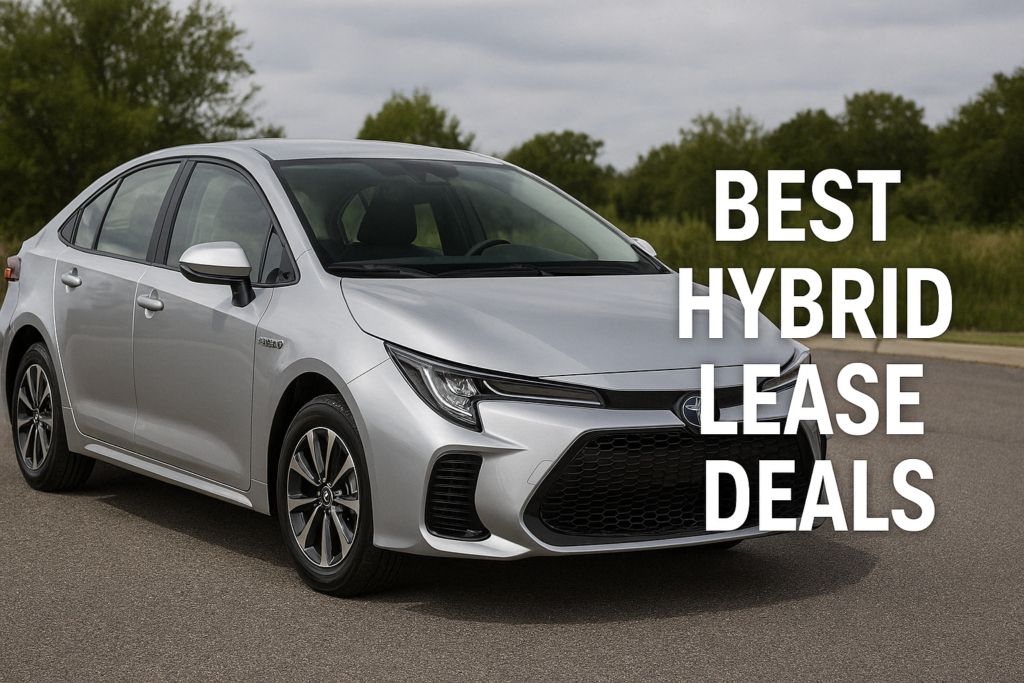 Silver hybrid sedan on a paved road with "Best Hybrid Lease Deals" in bold white text, set against green trees and a cloudy sky
