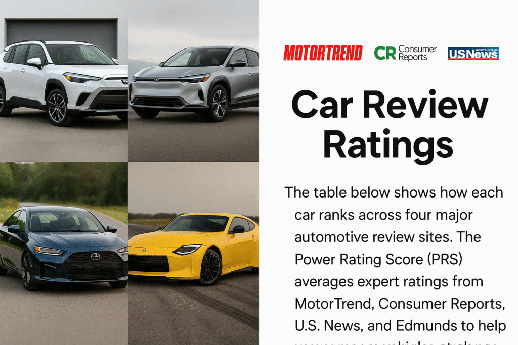 Car Review Ratings overview with four car types and expert rating sources including MotorTrend, Consumer Reports, U.S. News, and Edmunds