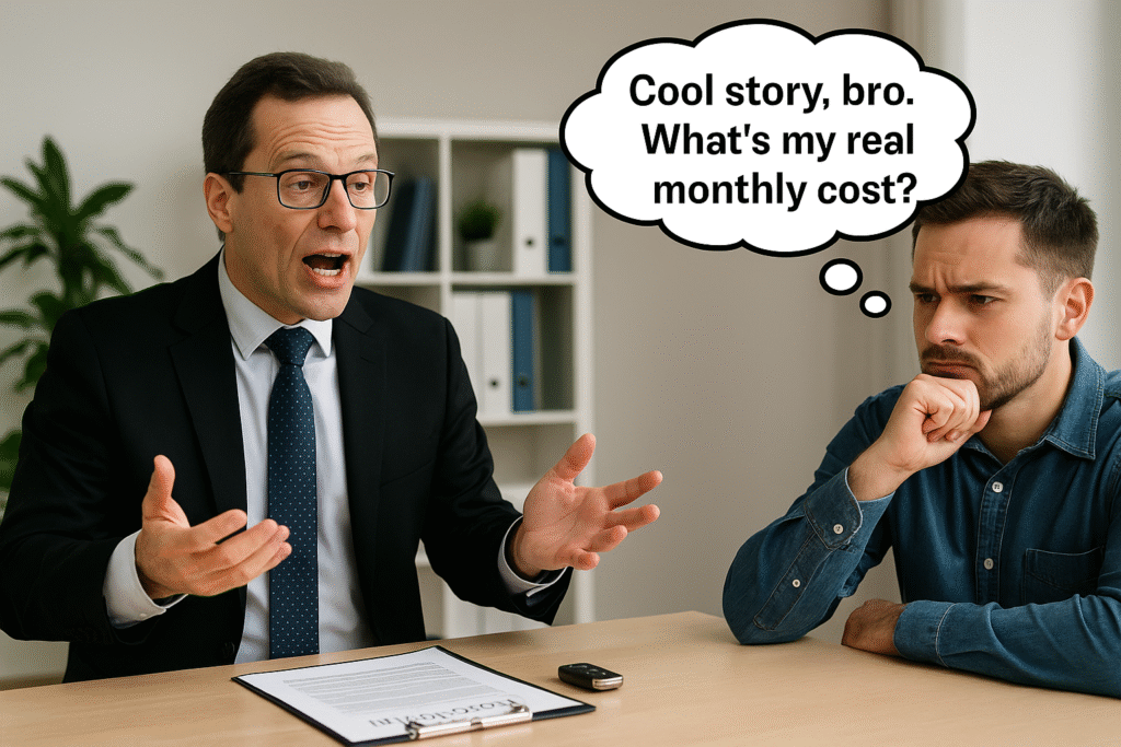 Frustrated car shopper listens to dealer explaining lease jargon with a thought bubble saying, 'Cool story, bro. What's my real monthly cost?